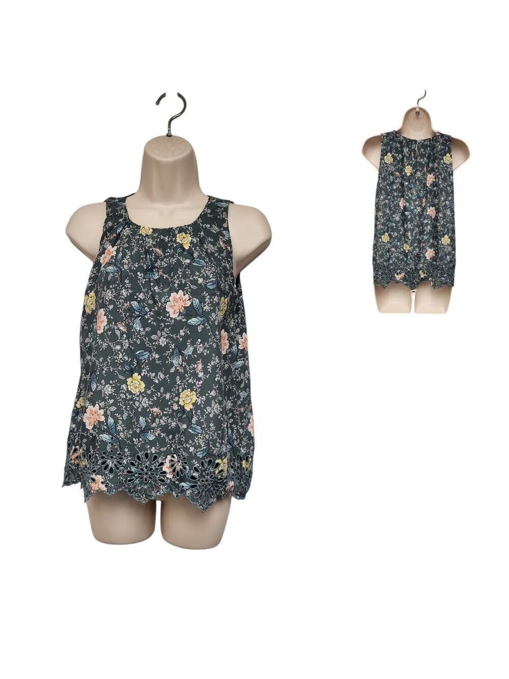 Loft Pleated Lace Hem Floral Multicolor Green Sleeveless Top Blouse Size XS